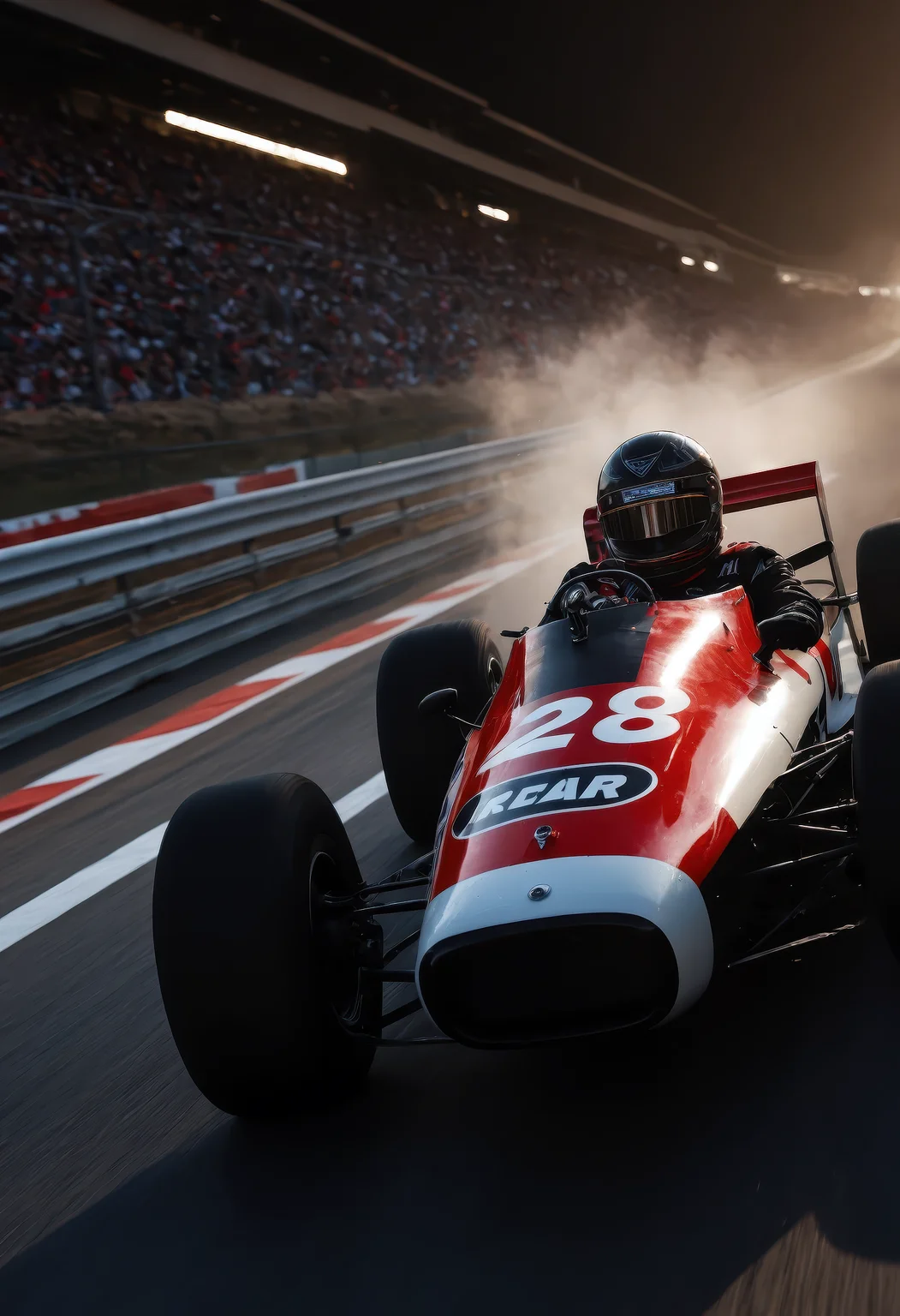 A dynamic, highly detailed illustration of a classic red racing car in motion, depicted with sleek aerodynamic lines and a low, wide stance, large round headlights glowing intensely as it barrels forward, front air intake and streamlined body design emphasizing high performance, the driver visible in an open cockpit wearing a dark racing suit and helmet, wheels spinning with visible spoke detail and tire grip, set against a dramatic, energetic background of abstract red, black, and white streaks resembling a stylized racetrack, splashes and paint drips adding a chaotic, expressive sense of speed, the car angled toward the lower left corner of the image to enhance motion and direction, a checkered flag subtly placed in the bottom right corner, chiaroscuro lighting style with bold highlights and shadows, volumetric lighting and vivid color contrast, blending realism and artistic abstraction for an immersive and thrilling racing scene