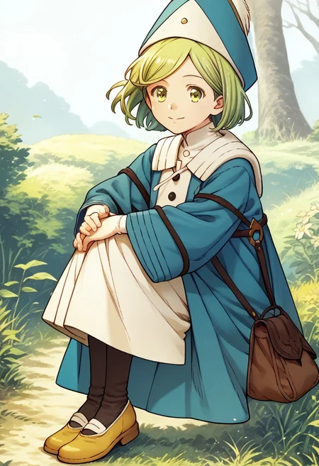 score_9, score_8_up, score_7_up BREAK CocoAtelier, 1girl, light green bob cut, light green eyes, tasseled blue white princess hat, blue white cape, long-sleeved white shirt, dark leggings, yellow shoes, smiling at viewer, solo, solo focus, anime, source_anime, full body,