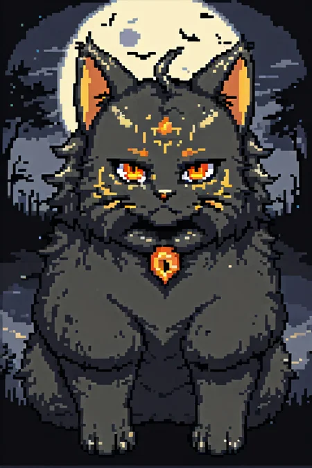 black fluffy gorgeous dangerous cat animal creature, large orange eyes, big fluffy ears, piercing gaze, full moon, dark ambiance, best quality, extremely detailed <lora:Pixel_Art_XL:0.8>