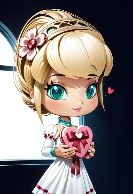 masterpiece,best quality,amazing quality, mature, clean lines, subtle lighting, bold outlines, cel shading, very aesthetic, absurdres, newest,
1girl, pinystyle, medium shot, closeup, solo, beautiful blonde girl, mugenfan208, (small breasts:1.3), pink lips, green breastplate, white dress, cowhide helmet, , (holding valentine's gift, valentine's background, heart-shaped baloons:1.3), cute,
peacock style