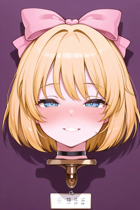 masterpiece, best quality, amazing quality,
<lora:Alternate_ILV3:1> 1girl, solo, blonde hair, bow, hair bow, portrait, pink bow, looking at viewer, parted lips, short hair, purple background, head only, blush, taxidermy, name tag, smile, on display, choker