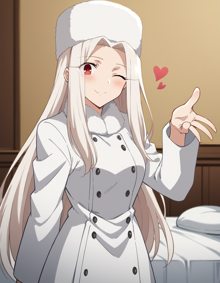 score_9, score_8_up, score_7_up, source_anime, <lora:irisviel-von-einzbern-zero-anime-ponyxl-lora-nochekaiser:1>, irisviel von einzbern, long hair, red eyes, white hair, parted bangs, hair intakes, mature female,, hat, coat, fur trim, white headwear, white coat, winter clothes, fur hat, winter coat,, waterpark, slides, splash, fun, people, smile, <lora:blowing-kiss-ponyxl-lora-nochekaiser:1>, blowing kiss, pucked lips, heart, one eye closed, o3o, hand up, bed room, bed, blush, cowboy shot, dutch angle,, looking at viewer, solo,, dutch angle, cowboy shot