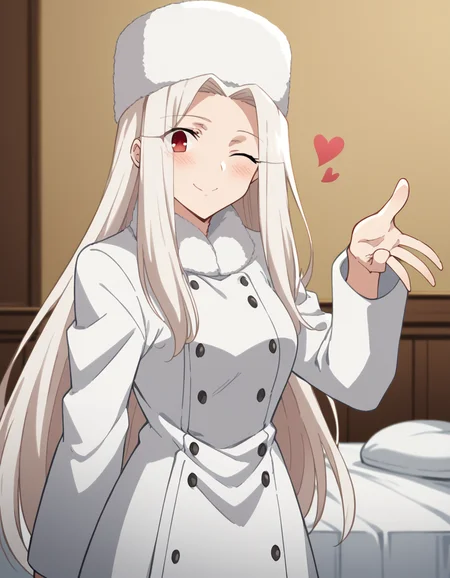 score_9, score_8_up, score_7_up, source_anime, <lora:irisviel-von-einzbern-zero-anime-ponyxl-lora-nochekaiser:1>, irisviel von einzbern, long hair, red eyes, white hair, parted bangs, hair intakes, mature female,, hat, coat, fur trim, white headwear, white coat, winter clothes, fur hat, winter coat,, waterpark, slides, splash, fun, people, smile, <lora:blowing-kiss-ponyxl-lora-nochekaiser:1>, blowing kiss, pucked lips, heart, one eye closed, o3o, hand up, bed room, bed, blush, cowboy shot, dutch angle,, looking at viewer, solo,, dutch angle, cowboy shot