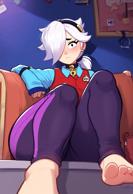 score_9, score_8_up, score_7_up, FluffyLewdsStyle,
bscolette , 1 girl , white hair, , ponytail, collar , red vest , blue shirt , long sleeves, purple pants, hair over one eye, hairband, sleeves past fingers,
,, big thighs, pretty, look at viewer , sitting, , feet, toes, feet focus, from below, close up, indoors, look at viewer , shy, a leg up