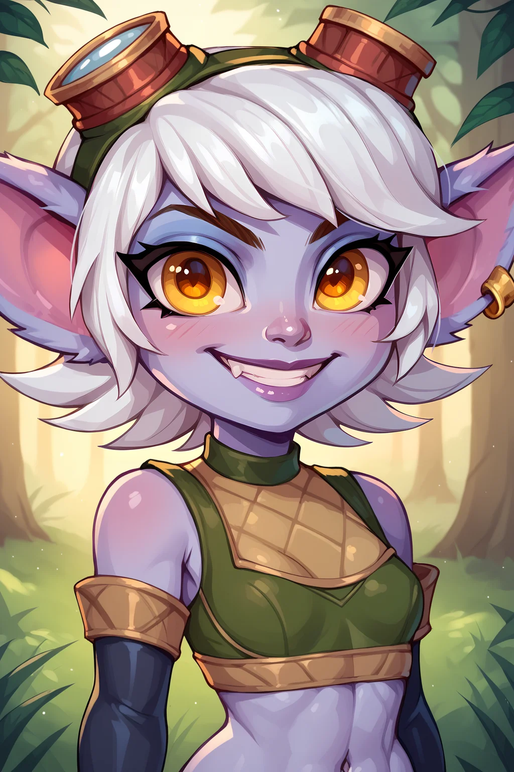 score_9, score_8_up, score_7_up, score_6_up, BREAK, TristanaLoLXLv2, purple skin, colored skin, shortstack, yordle, yellow eyes, white hair, short hair, single earring, googles on head, pointy ears, small breasts, green midriff, arm sleeves, black gloves, elbow gloves, solo, front view, (portrait, upper body), solo focus, seductive smile, looking at viewer, forest <lora:TristanaLoLXLv2:0.9>