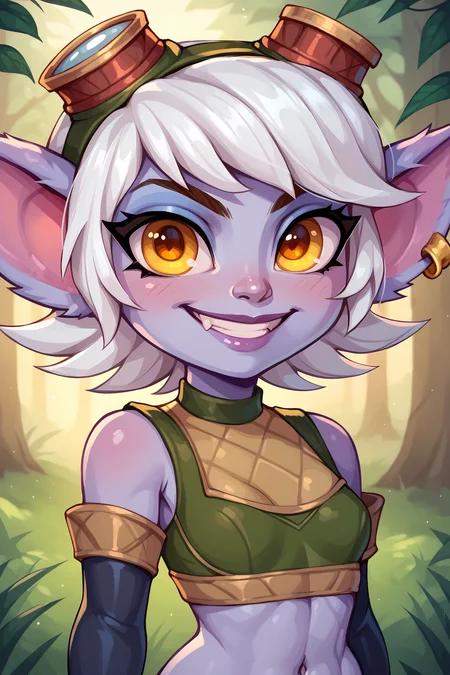 score_9, score_8_up, score_7_up, score_6_up, BREAK, TristanaLoLXLv2, purple skin, colored skin, shortstack, yordle, yellow eyes, white hair, short hair, single earring, googles on head, pointy ears, small breasts, green midriff, arm sleeves, black gloves, elbow gloves, solo, front view, (portrait, upper body), solo focus, seductive smile, looking at viewer, forest <lora:TristanaLoLXLv2:0.9>