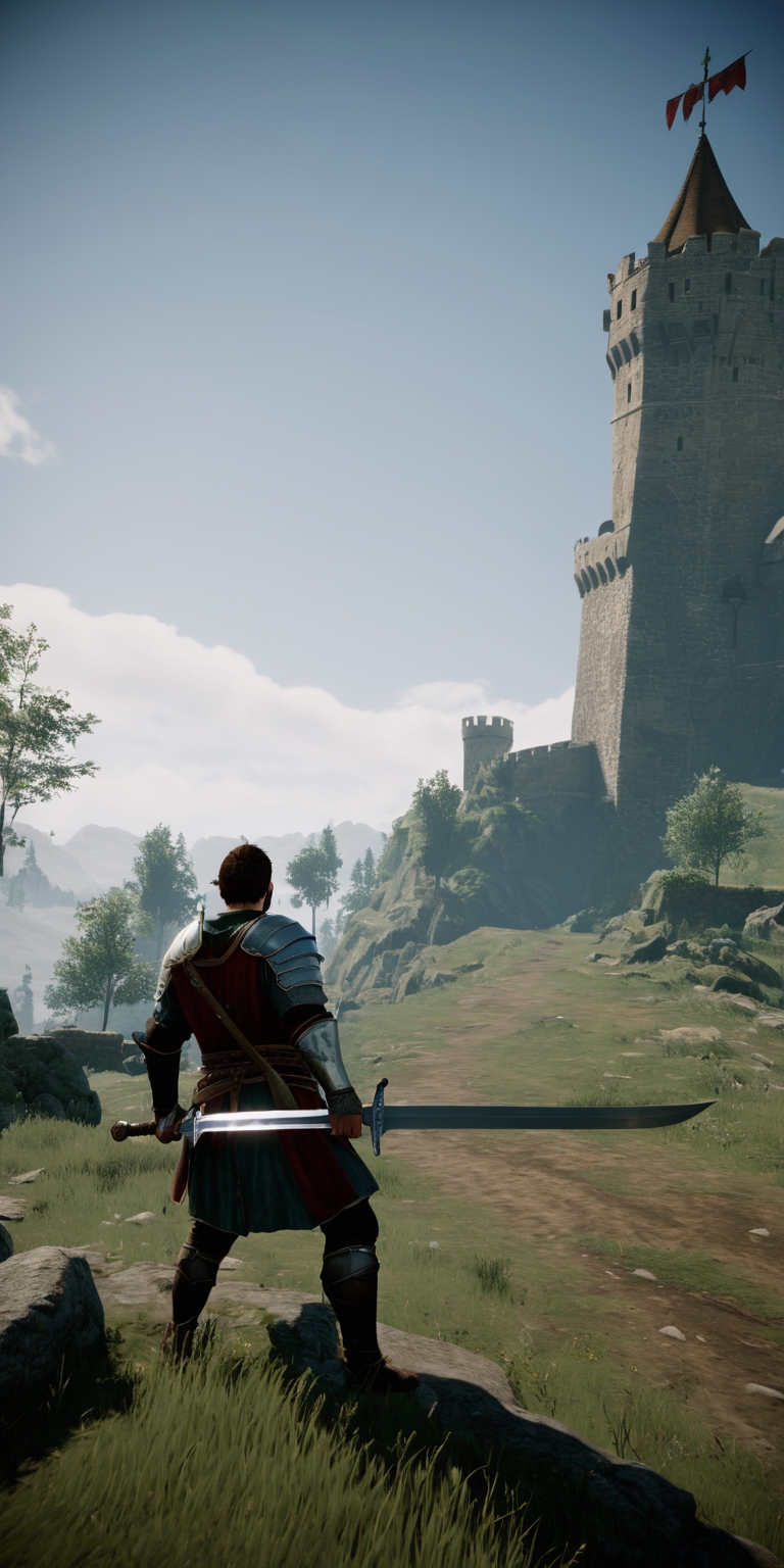 videogame screenshot, third person action combat, medieval warrior, giant sword, landscape on background, cinematic lighting , <lora:lora_32-32_render_adamw8bit_constant_2e-5_100ep_fp16_0drop_scaleweight0_minsnr5-2repeats:1>zz artstyle