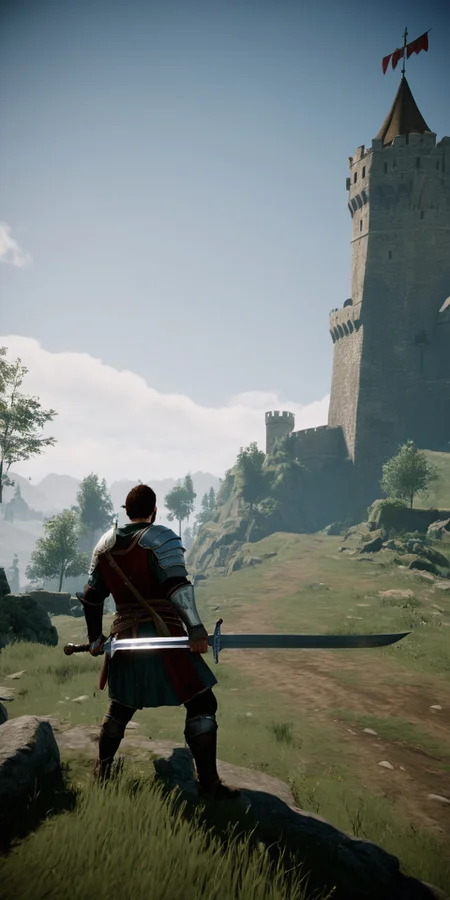videogame screenshot, third person action combat, medieval warrior, giant sword, landscape on background, cinematic lighting , <lora:lora_32-32_render_adamw8bit_constant_2e-5_100ep_fp16_0drop_scaleweight0_minsnr5-2repeats:1>zz artstyle