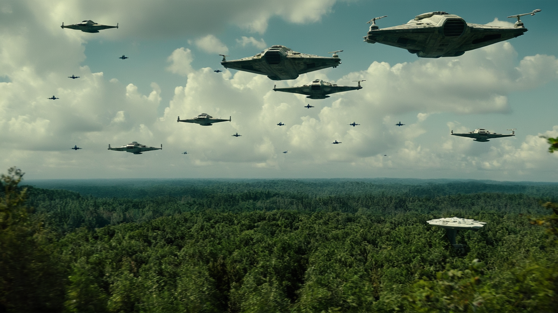 cinematic film still of  <lora:star wars style:0.2>
<lora:detailed:0.4> detailed
<lora:perfection style:0.4> perfect
<lora:PerfectEyesXL:0.5>
 <lora:Chiaroscuro Lighting Style:0.3>
 <lora:Yavin 4:0.9>
Yavin 4 a group of spaceships flying over a forest,in star wars style,outdoors,sky,cloud,tree,military,no humans,ocean,scenery,science fiction,military vehicle,watercraft,ship,spacecraft,warship,battleship, shallow depth of field, vignette, highly detailed, high budget, bokeh, cinemascope, moody, epic, gorgeous, film grain, grainy