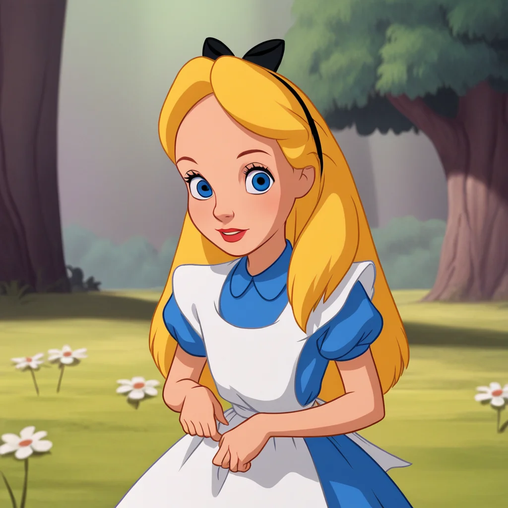 score_7_up, BREAK, Alice, 1girl, solo, blonde hair, long hair, blue eyes, headband, ribbon bow, blue dress, short sleeves, white apron, portrait, <lora:AliceInWonderland_PXL_Leaf1:1>, looking at viewer, outdoors,
