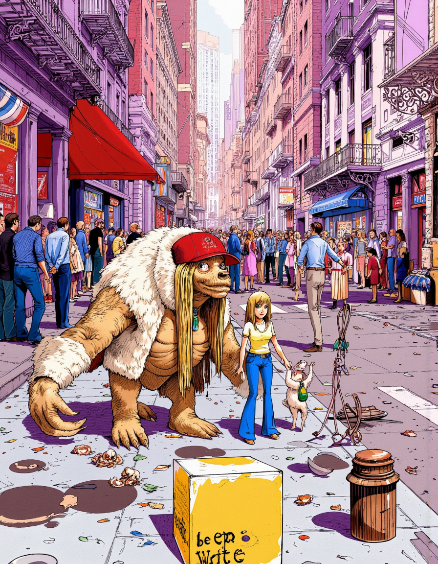 Art by Alessandro Barbucci. A vibrant and detailed digital illustration of a post-apocalyptic cityscape from a bird's eye view. the scene is set in a bustling city street, with tall buildings in shades of pink and purple, adorned with ornate architectural details. The buildings feature large windows and ornate balconies, and the street is littered with debris and trash. on the left side of the image, a large, anthropomorphic creature with a furry vest and a red hat stands in the foreground, facing away from the viewer. the creature appears to be a woman with long blonde hair, wearing a yellow top and blue jeans, and has a surprised expression on her face. to the right of the creature, a small, humanoid figure with a wide-eyed expression is standing, holding hands with the woman. in the background, a crowd of people can be seen, some are sitting and some are standing, watching the scene unfold. a red awning is visible on one of the buildings, and a yellow box with the words "be epic write" is placed on the ground in front of them. the overall atmosphere is chaotic and surreal, with a sense of chaos and destruction.