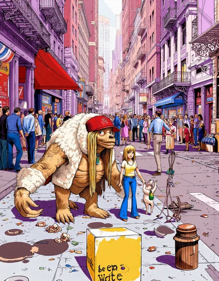 Art by Alessandro Barbucci. A vibrant and detailed digital illustration of a post-apocalyptic cityscape from a bird's eye view. the scene is set in a bustling city street, with tall buildings in shades of pink and purple, adorned with ornate architectural details. The buildings feature large windows and ornate balconies, and the street is littered with debris and trash. on the left side of the image, a large, anthropomorphic creature with a furry vest and a red hat stands in the foreground, facing away from the viewer. the creature appears to be a woman with long blonde hair, wearing a yellow top and blue jeans, and has a surprised expression on her face. to the right of the creature, a small, humanoid figure with a wide-eyed expression is standing, holding hands with the woman. in the background, a crowd of people can be seen, some are sitting and some are standing, watching the scene unfold. a red awning is visible on one of the buildings, and a yellow box with the words "be epic write" is placed on the ground in front of them. the overall atmosphere is chaotic and surreal, with a sense of chaos and destruction.