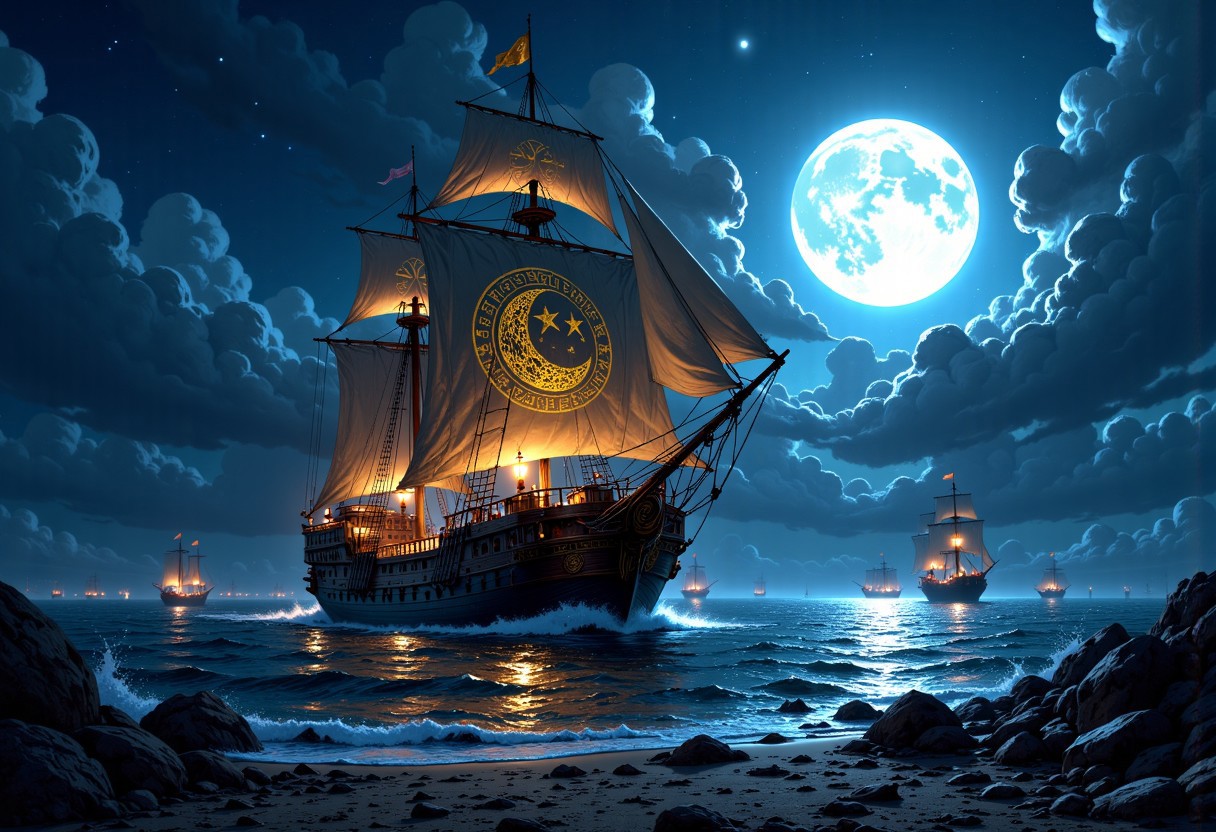 Hyper detail fairytales illustrator art. The epic dramatic darktale style cinematic scene. The Ghosted Giant Caravel wandering through the silently sea under moon night. Moon and star symbol on sail.  The huge lighting lamp on bowsprit. Golden runes golden cybernectic line decorate, Grimmdark. (Ultra-detail, 32k, Masterpiece, High Quality, Detailed Realistic Background, Official Art,).