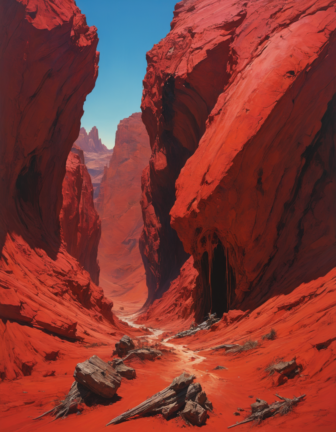 by (Rafael Albuquerque:1.2) and (Jeff Easley:1.1), hyper realistic medium full shot photo of  a (otherworldly landscape:1.1),  (flawless , red , masterful:1.4), poster art, bold lines, hyper detailed, expressive,  award winning,  dark limited color palette, high contrast, depth of field, (intricate details, masterpiece, best quality:1.4),
ultraviolet lighting, looking at viewer, dynamic pose, wide angle panoramic view,
<lora:add-detail-xl:0.8> <lora:xl_more_art-full_v1:0.5>  <lora:NicolaSamori:0.4> in the style of nicola samori <lora:looking_at_viewer:2>