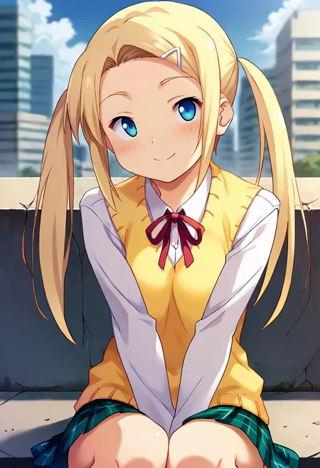 score_9, score_8_up, score_7_up, masterpiece, source_anime, 1girl, ct_yuzu, blonde hair, twintails, long hair, white hairclip, white collared shirt, long sleeves, yellow sweater vest, red neck ribbon, plaid skirt, outdoors, city, depth of field, looking at viewer, facing viewer, smile, shiny skin, happy, sitting, <lora:HoshikawaYuzuha_Pony_ct_ver2:1>