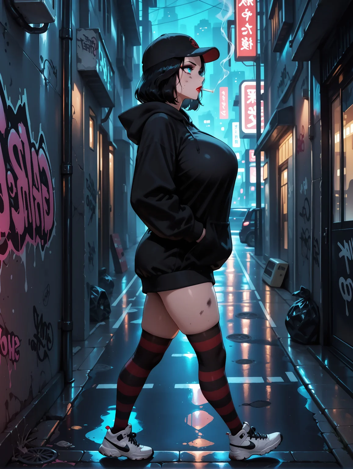 masterpiece, best quality, amazing quality, very aesthetic, detailed eyes, hyper-Detailed, perfect eyes, amazing quality, solo, imtdelizabeth, 1girl, from side, walking on the sidewalk, serious, baseball cap, black headwear, black sweatshirt, oversized sweatshirt, hooded sweatshirt, striped thigh-highs, sneakers, white sneakers, hands in pockets, cigarette in mouth, black hair, large breast, makeup, blue eyes, lipstick, red lips, street, night, looking ahead, fog, dirty street, garbage, graffiti on the walls, street in poor condition
