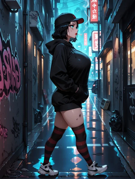 masterpiece, best quality, amazing quality, very aesthetic, detailed eyes, hyper-Detailed, perfect eyes, amazing quality, solo, imtdelizabeth, 1girl, from side, walking on the sidewalk, serious, baseball cap, black headwear, black sweatshirt, oversized sweatshirt, hooded sweatshirt, striped thigh-highs, sneakers, white sneakers, hands in pockets, cigarette in mouth, black hair, large breast, makeup, blue eyes, lipstick, red lips, street, night, looking ahead, fog, dirty street, garbage, graffiti on the walls, street in poor condition