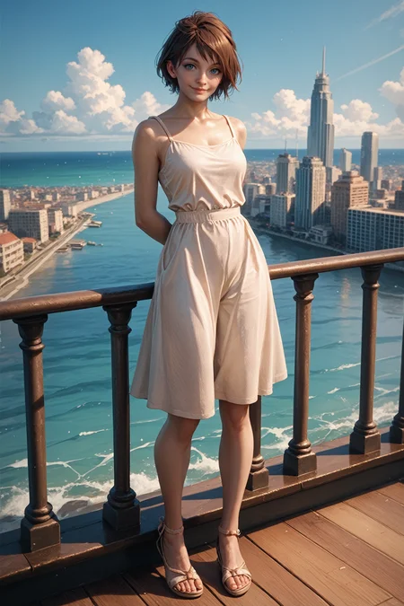 score_9, score_8_up, score_7_up, score_6_up
<lora:RE7Zoe:0.8>
RE7Zoe, 1girl, brown hair, short hair, blue eyes, looking at viewer, happy, blue sky, city, smile, closed mouth, arms behind back, full body, blue sky, railing, ocean