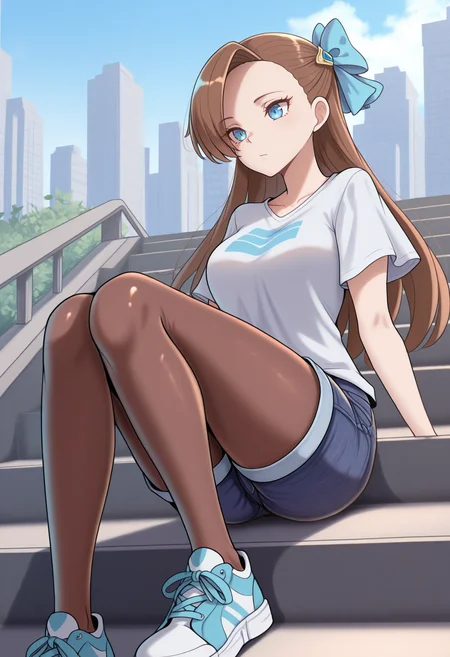masterpiece, best quality, 1girl, solo, KatarinaClaes, blue eyes, brown hair, long hair, asymmetrical bangs, hair bow, blue bow, t-shirt, denim shorts, pantyhose under shorts, sneakers, sitting, stairs, outdoors, city, <lora:ChamKatarinaClaesIllustriousXL:1>