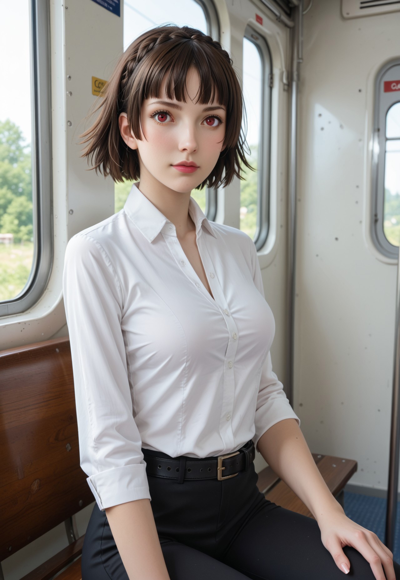 safe_pos, score_9, score_8_up, score_7_up, rating_safe, stunning background, sit in a train, train cabin, train window background, (slim, posing, flirty, sporty, large breasts, cute:1.3), eye_focus, close-up, solo, looking_at_viewer, gr33n, p5makoto, niijima makoto, brown hair, blunt bangs, crown braid, red eyes, p5makoto-sumcas, shirtdress, long shirt, white shirt, black pants, capri pants, black belt, thin belt, loose belt, casual, leggings,