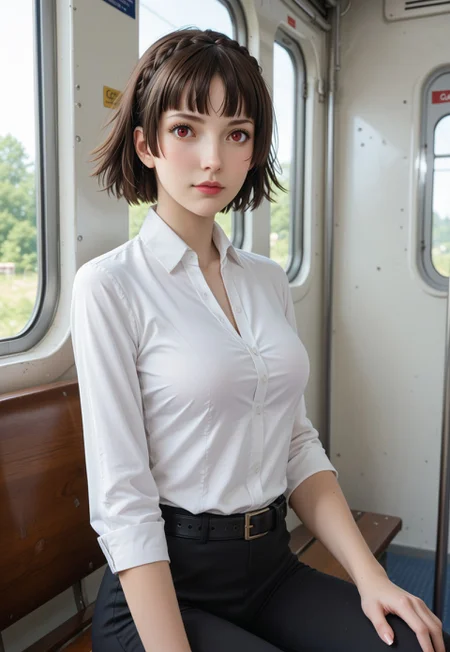 safe_pos, score_9, score_8_up, score_7_up, rating_safe, stunning background, sit in a train, train cabin, train window background, (slim, posing, flirty, sporty, large breasts, cute:1.3), eye_focus, close-up, solo, looking_at_viewer, gr33n, p5makoto, niijima makoto, brown hair, blunt bangs, crown braid, red eyes, p5makoto-sumcas, shirtdress, long shirt, white shirt, black pants, capri pants, black belt, thin belt, loose belt, casual, leggings,
