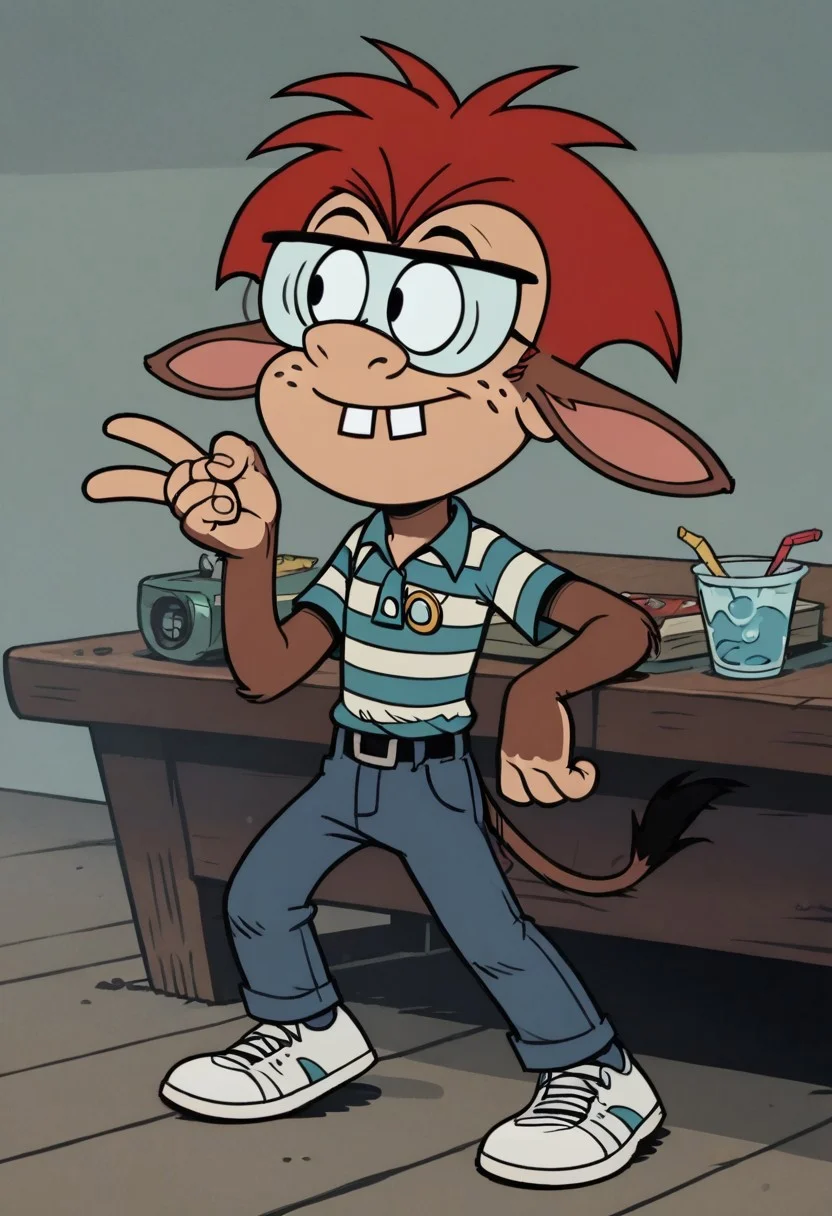 (score_9 | score_8_up | score_7_up) ((masterpiece:1))(best quality,very high quality,ultra detailed:1.2) (2D,cartoon style,anime style)(Smooth:2)(clean blurring) (four fingers on each hand,one thumb on each hand:1), solo, Zach Gurdle, short size, wild unkempt red hair, glasses, buck teeth, freckles on his cheeks, white and blue striped polo shirt, blue jeans, white sneakers, Full Donkey, half donkey, donkey head, donkey ears, donkey tail