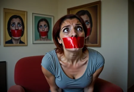a woman with a red tape gag sits in her living room on a chair looking around the room feeling shocked