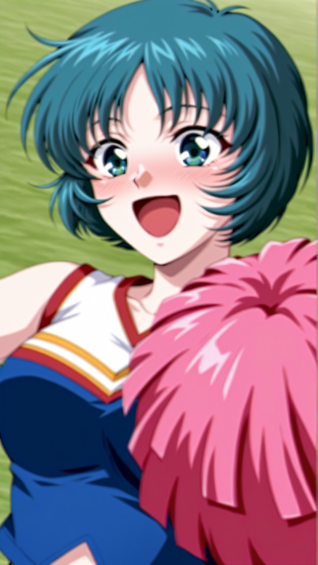 source_anime, general, best quality, masterpiece, 1girl,  <lora:Elis_Radius_ill_v1.0:1> elis_radius\(srw\),green eyes, green hair , short hair,aqua hair, blue hair, blue eyes,cheerleader, happy, (embarrassed:0.9),  dutch angle, dynamic pose,