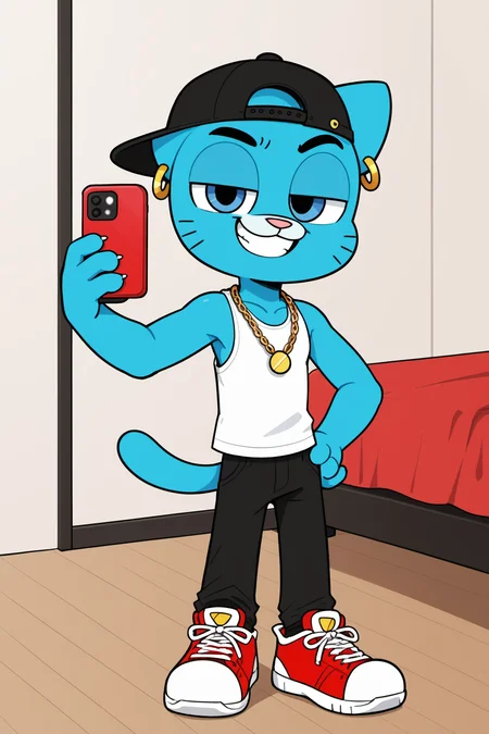 bedroom, 4 fingers, <lora:miscon_ill:0.8>, <lora:powerpuff_girls_Kim_Crab_style:0.4>, shading, three-quarter portrait, full body, BREAK
<lora:Gumball_Watterson_sdxl:0.2>, gumball, male, anthro, cat nose, dark blue eyes, young, broad shoulders, white tank top, solo, selfie, holding red phone, hand on own hip, raised eyebrow, grin, half-closed eyes, ear ring, gold chain necklace, backwards hat, teeth, black pants, sneakers, BREAK