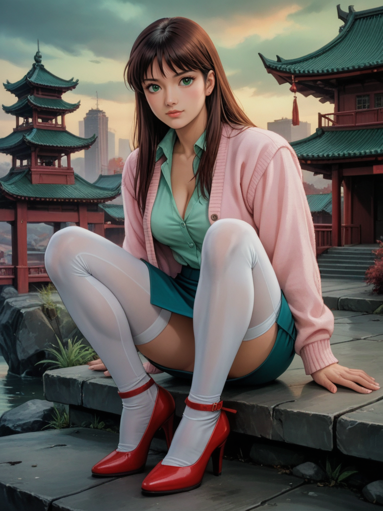 score_9, score_8_up, score_7_up, realistic,  background is green sky, asian temple, wasteland, <lora:Mia_Koji:.55>, miakoji, mia from ronin warriors is sitting on the edge of a bridge wearing a cardigan sweater, pastels, blouse, deep cleavage, lowcut shirt, unbuttoned, pencil skirt, white leggings, heels, 1girl, retro, brown hair, 1980s (style), bangs, long hair, (green eyes), japanese, asian, monolid:1.2, boudoir, <lora:Ronin_Warriors-000008:.4>, roninwarriors, armored tiger, tiger wearing armor