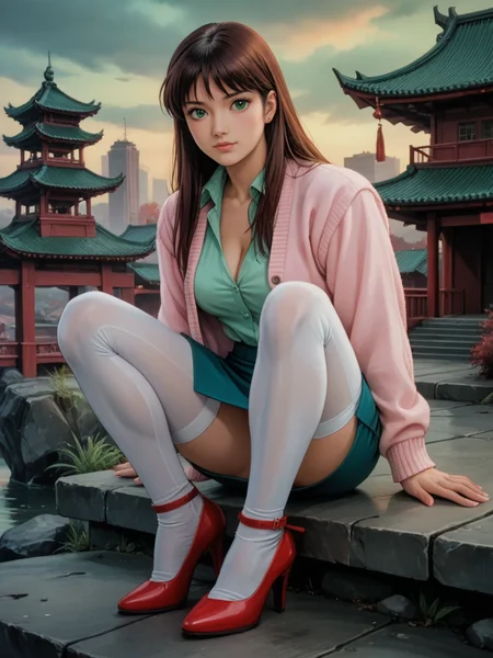 score_9, score_8_up, score_7_up, realistic, background is green sky, asian temple, wasteland, <lora:Mia_Koji:.55>, miakoji, mia from ronin warriors is sitting on the edge of a bridge wearing a cardigan sweater, pastels, blouse, deep cleavage, lowcut shirt, unbuttoned, pencil skirt, white leggings, heels, 1girl, retro, brown hair, 1980s (style), bangs, long hair, (green eyes), japanese, asian, monolid:1.2, boudoir, <lora:Ronin_Warriors-000008:.4>, roninwarriors, armored tiger, tiger wearing armor