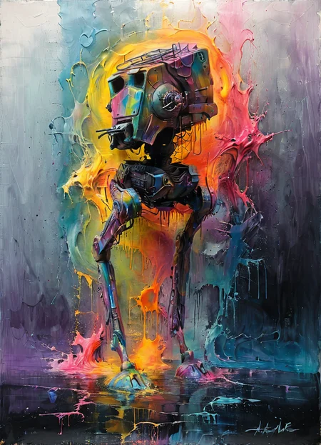 Artme, realism, surreal, atstwlkr, colorful, fluid, massive, scary,
 <lora:ArtfullyME_SDXL__v1:0.8> Artme <lora:AT-ST_-_Scout_Walker_SDXL:0.8>