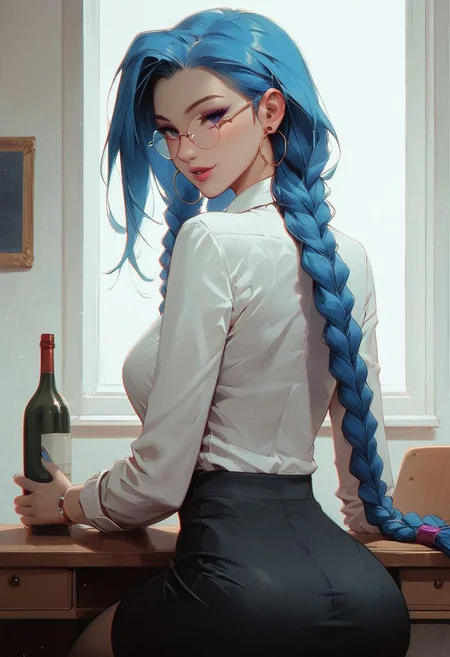 ,score_9, score_8_up, score_7_up, rating_safe,45 yo girl ,seductive,cute, pretty, perfect body ,petite,sexy, big breasts,perfect breasts, seductive eyes,Tilt head,2.5d,ornament,HI-res,seductive smile,looking at viewer ,sitting,upper body,parted lips,matur,MILF,Old lady,mother,office lady,long sleeves white shirt, black suit, pencil skirt,masterpiece ,shelf full of wine bottle in background ,round glasses ,leaning towards ,jinx, from back,looking back , back,high desk ,sitting on chair ,
