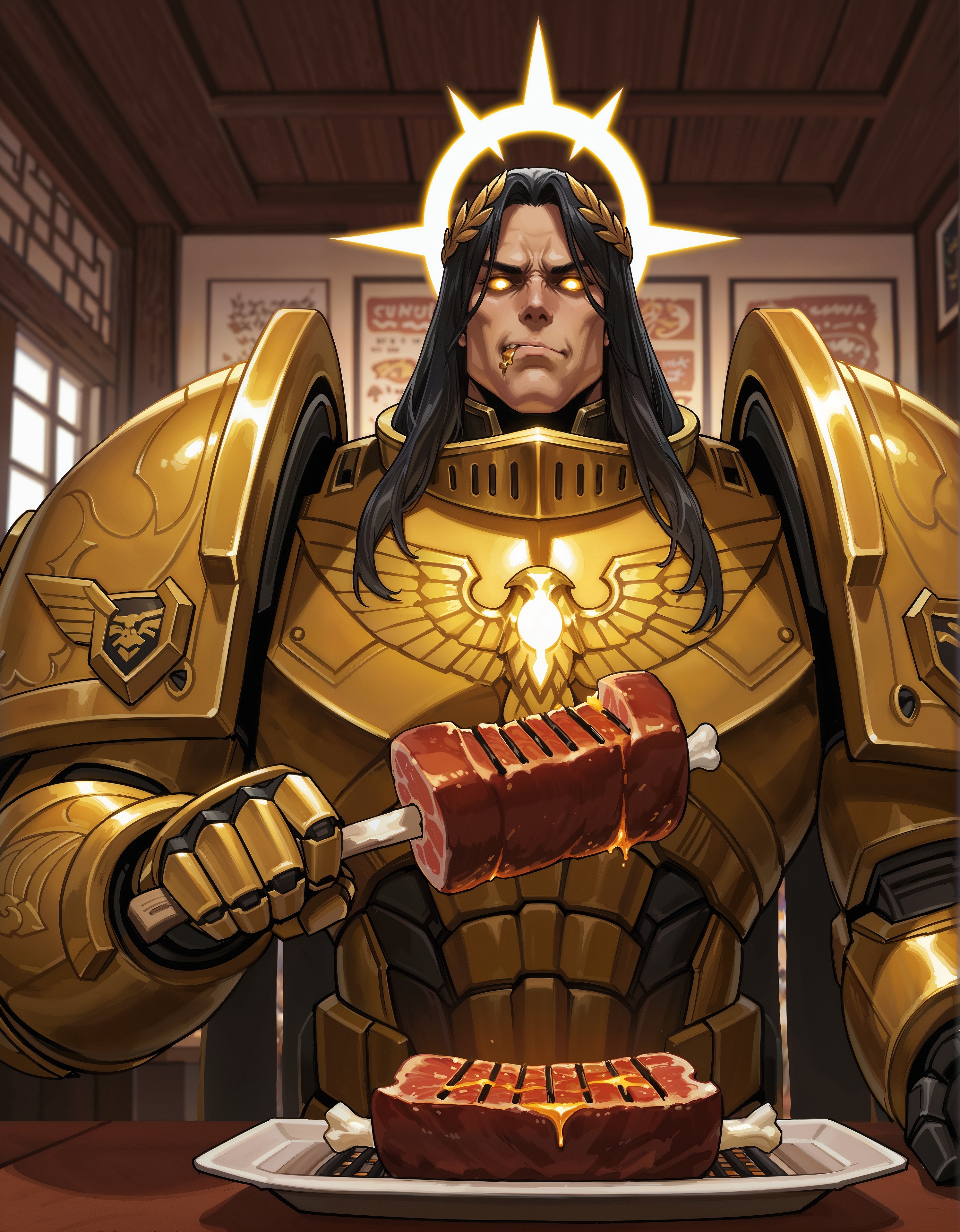masterpiece, best quality,high quality, newest, highres,8K,HDR,absurdres, iLLEmperor40k, 1boy, solo, glowing eyes, eating grilled haunch of meat, power armor, golden armor, upper body, restaurant interior, <lora:iLLEmperor40k:1>