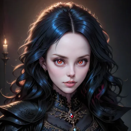 portrait of a vampire noblewoman, ((pale skin)), beautiful, dressed for a gala, fantasy, seductive, red-eyes, fangs out, fantasy illustration, ethereal lighting, intricate details, romanticism.
(masterpiece, award winning artwork)
many details, extreme detailed, full of details,
Wide range of colors, high Dynamic
<lora:EnvyCharacterPortraitHelperXL01:0.8> solo character portrait, dark background
<lora:add-detail-xl:1>
<lora:zavy-cntrst-sdxl:0.245> dark, chiaroscuro, low-key
<lora:RMSDXL_Creative:0.124>
<lora:SDXLFaeTastic2400:0.25> <lora:HorrorAI:0.51> gothichorrorAI,