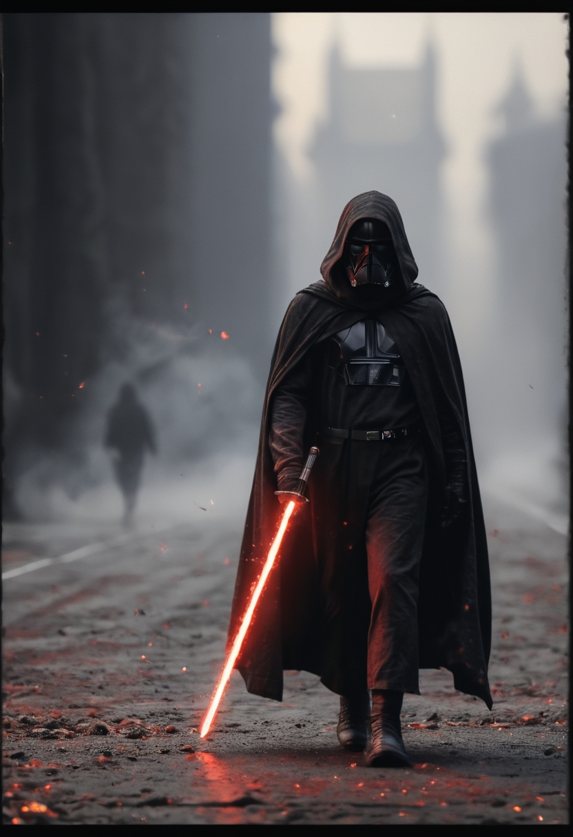 1male, gloves, holding light sword , full body, darth vader , cloak, hood up, floating, walking,  fog, black mask
, source_anime, source_cartoon,
dof, depth of field, blurry background, embers, CINE, (analog, haze, vhs,  canon , nikon, photography:1.2),