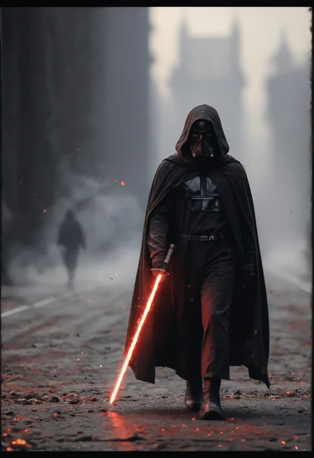 1male, gloves, holding light sword , full body, darth vader , cloak, hood up, floating, walking,  fog, black mask
, source_anime, source_cartoon,
dof, depth of field, blurry background, embers, CINE, (analog, haze, vhs,  canon , nikon, photography:1.2),