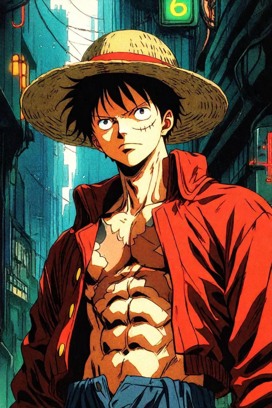 score_9, score_8_up, score_7_up, score_6_up, score_5_up, score_4_up, <lora:LUFFY_pony_XL:0.6>, Luffy, red jacket, scar on chest, straw hat, black hair,<lora:retro_scifi_artstyle-000021:0.8>, 1boy, solo, alone, retro_artstyle, retro, cyberpunk, alley, masterpiece, highres, neon lights, buildings