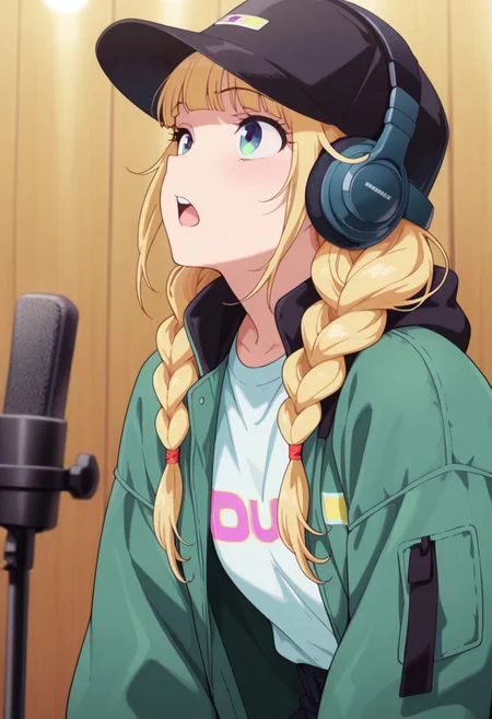 masterpiece,best quality,amazing quality, tsukimi eiko, long hair, blonde hair, blue eyes, 1girl, hat, twin braids, braid, solo, jacket, baseball cap, shirt, black headwear, open mouth, headphones, green jacket, open clothes, microphone
