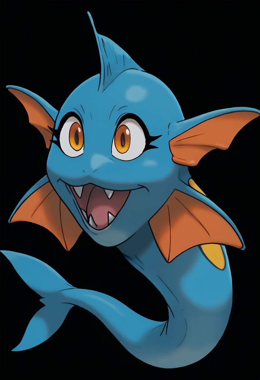 score_9, score_8_up, score_7_up,Create an image of a whimsical cartoonish aquatic creature. It should have a dynamic and balanced profile composition, centered with plenty of negative space around it. The creature should have a light blue body with darker blue back fins and a curved tail to imply movement. Its facial features include oversized, round yellow eyes with red-orange rims, and a wide mouth with sharp white teeth. It should have small, pointed cheek fins and a lighter colored belly. The illustration should be in a bold, cartoon style with clean lines of varying thickness, flat colors with minimal shading, and no texture to emphasize smoothness. The background should be transparent to allow for easy integration into various scenes or uses. The overall feeling should be playful yet formidable, suitable for a character in a game or a story., zPDXL