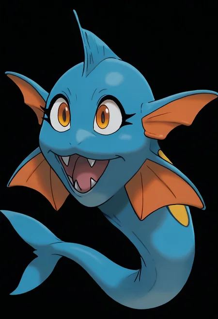 score_9, score_8_up, score_7_up,Create an image of a whimsical cartoonish aquatic creature. It should have a dynamic and balanced profile composition, centered with plenty of negative space around it. The creature should have a light blue body with darker blue back fins and a curved tail to imply movement. Its facial features include oversized, round yellow eyes with red-orange rims, and a wide mouth with sharp white teeth. It should have small, pointed cheek fins and a lighter colored belly. The illustration should be in a bold, cartoon style with clean lines of varying thickness, flat colors with minimal shading, and no texture to emphasize smoothness. The background should be transparent to allow for easy integration into various scenes or uses. The overall feeling should be playful yet formidable, suitable for a character in a game or a story., zPDXL