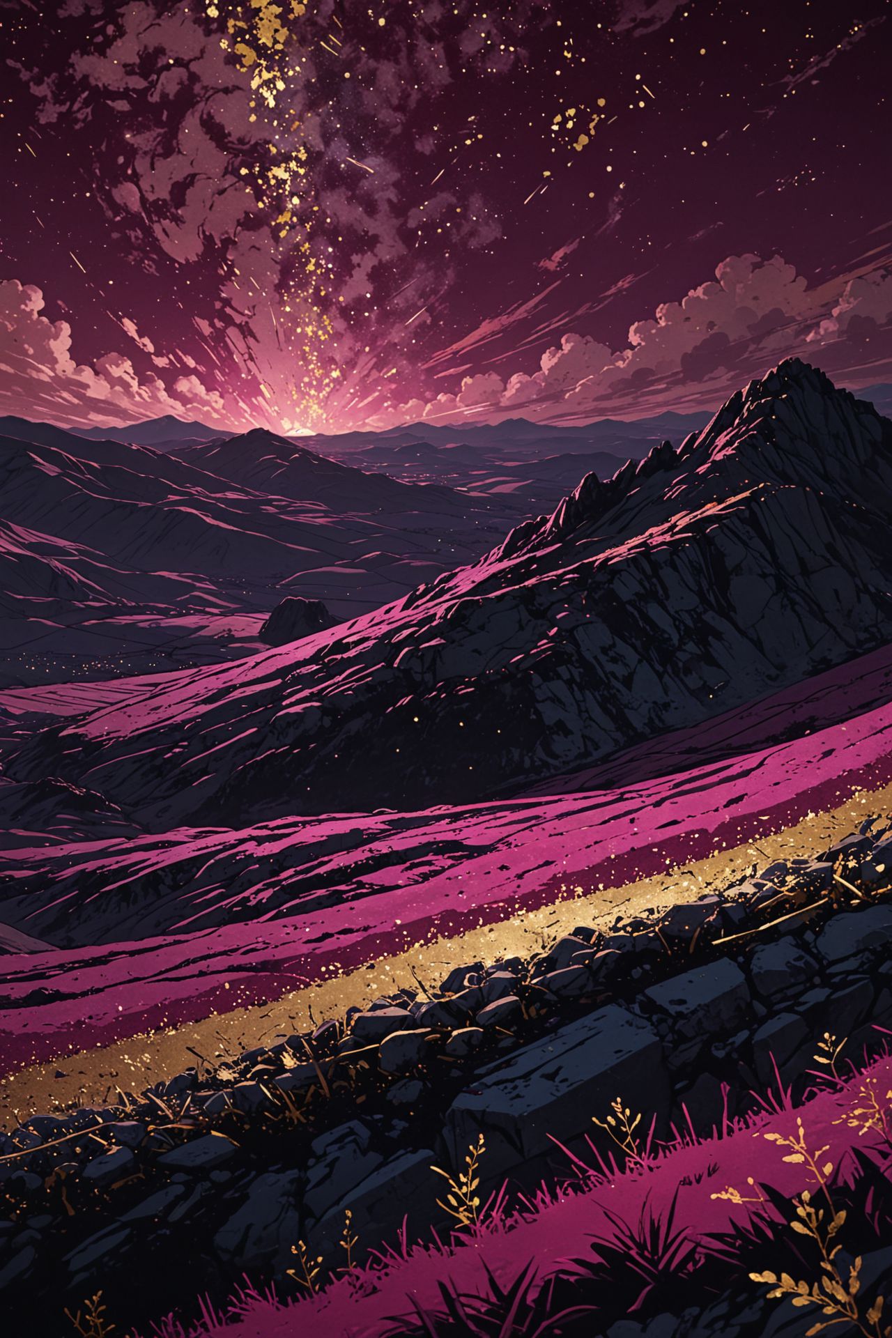 landscape of a (Celestial Plains of the Starry Fields:1.3) , Stone, hillside, Anime screencap, Islandpunk, side lit, Depth of field 100mm, Magenta background, intricate, <lora:novuschroma27 style_b:1> novuschroma27 style, gold foil, cool colors, inspired, detailed, romantic, dynamic dramatic beautiful full taking, grand illumination, fine artistic composition
