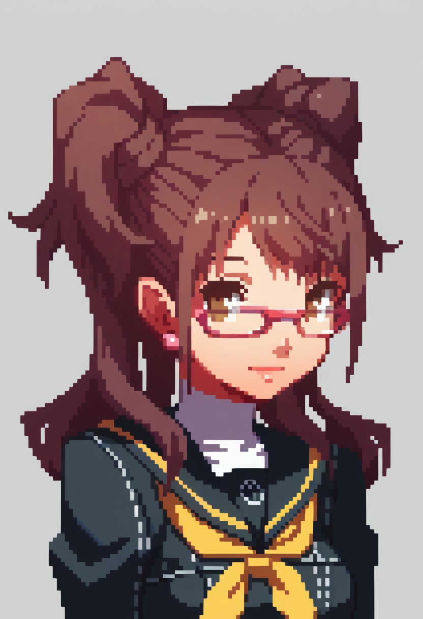 score_9, score_8_up,  detailed,    absurdres, extreme_quality,   anime style,     portrait, upper body portrait, slight side angle,  medium breasts, rpg portrait,  rpg, portrait,  , shadow, plain background, light grey background,  , upper body focus,   face focus, looking at viewer,  slight smile, p4rise, kujikawa, rise, twintails, long hair, brown hair, pink earrings, glasses, pink-framed eyewear, p4rise-winuni, yasogami school uniform, serafuku, long sleeves, black shirt, white turtleneck, school uniform, pleated skirt, houndstooth, thighhighs, zettai ryouiki,