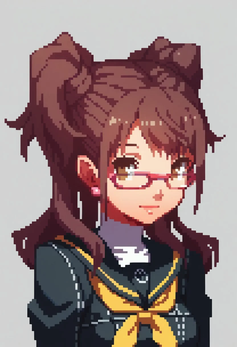 score_9, score_8_up, detailed, absurdres, extreme_quality, anime style, portrait, upper body portrait, slight side angle, medium breasts, rpg portrait, rpg, portrait, , shadow, plain background, light grey background, , upper body focus, face focus, looking at viewer, slight smile, p4rise, kujikawa, rise, twintails, long hair, brown hair, pink earrings, glasses, pink-framed eyewear, p4rise-winuni, yasogami school uniform, serafuku, long sleeves, black shirt, white turtleneck, school uniform, pleated skirt, houndstooth, thighhighs, zettai ryouiki,