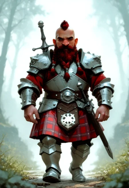 1man. Dwarf, short stature, big nose. Pauldrons. Greaves. Vambraces. chestplate. Beard with three braids. Handlebar mustache. dark red hair. Short cut mohawk. Sword sheathed on hip. celtic_men. plaid skirt. arm0rs3nt1n3l. a person playing bgpps. lazypos. Sketch. Walking through a forest. Castle and village in background.