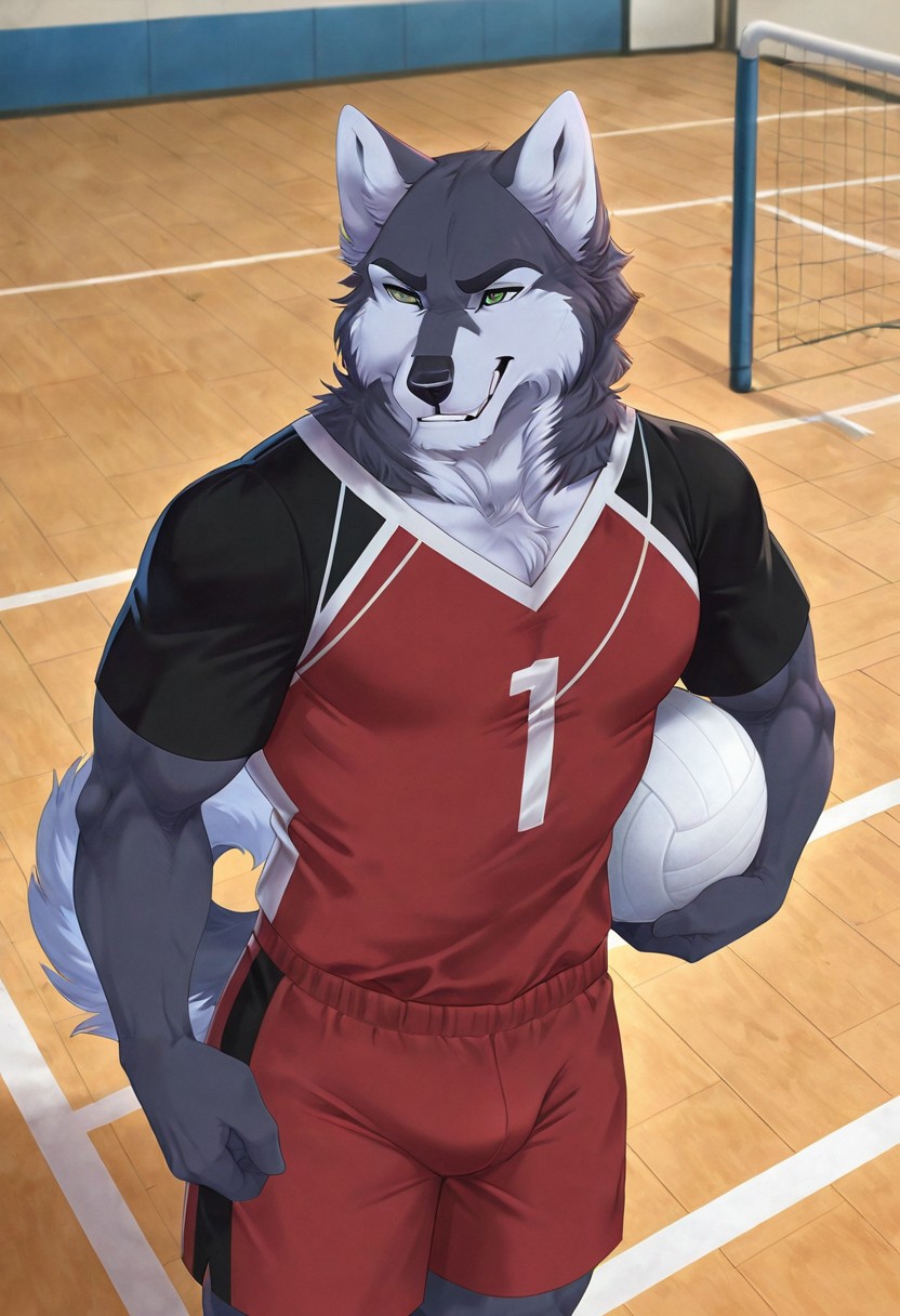 ShoichiTA, solo, furry, husky, perfect eyes, perfect face, grin, blue fur, tail, green eyes, muscular, bara, athletic build, pectorals, red shirt, short sleeves,  black sleeves, sportswear, red shorts, bulge, holding volleyball, sexy pose, from above, volleyball court, unparalleled masterpiece, best quality, amazing quality, very aesthetic, high resolution, 4K, extremely-detailed, depth of field, high sharpness, newest, scenery, detailed fur, detailed muscles, cinematic lighting, <lora:ShoV1:1>