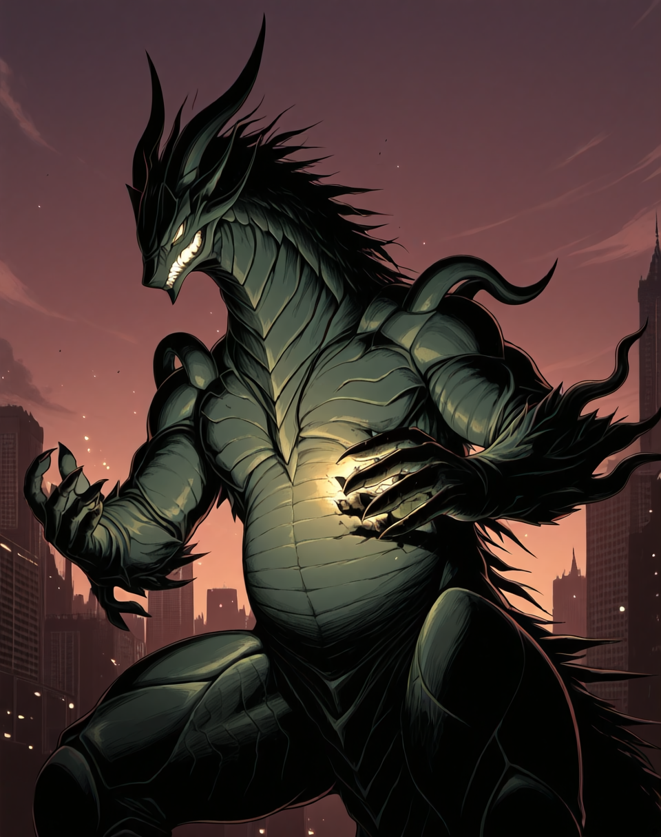 score_9, score_8_up, score_7_up,
8K, In'ei, chiaroscuro, cinematic side lighting, perfect depth of field shot, masterpiece, beautiful, sharp focus, crisp details,
<lora:Draglord_(Guyver)_(Illustrious)_(AD):1> Draglord, Guyver, dragon, 
exterior, science fiction, sky with anime clouds, summer, hot day, city skyline, 
dynamic action, bent leg, cowboy shot, 
green body, green skin, titanic, gigantic, kaiju,  
BREAK Smooth Quality, IllusP0s, lazyhand, lazympos, lazynsfw,
