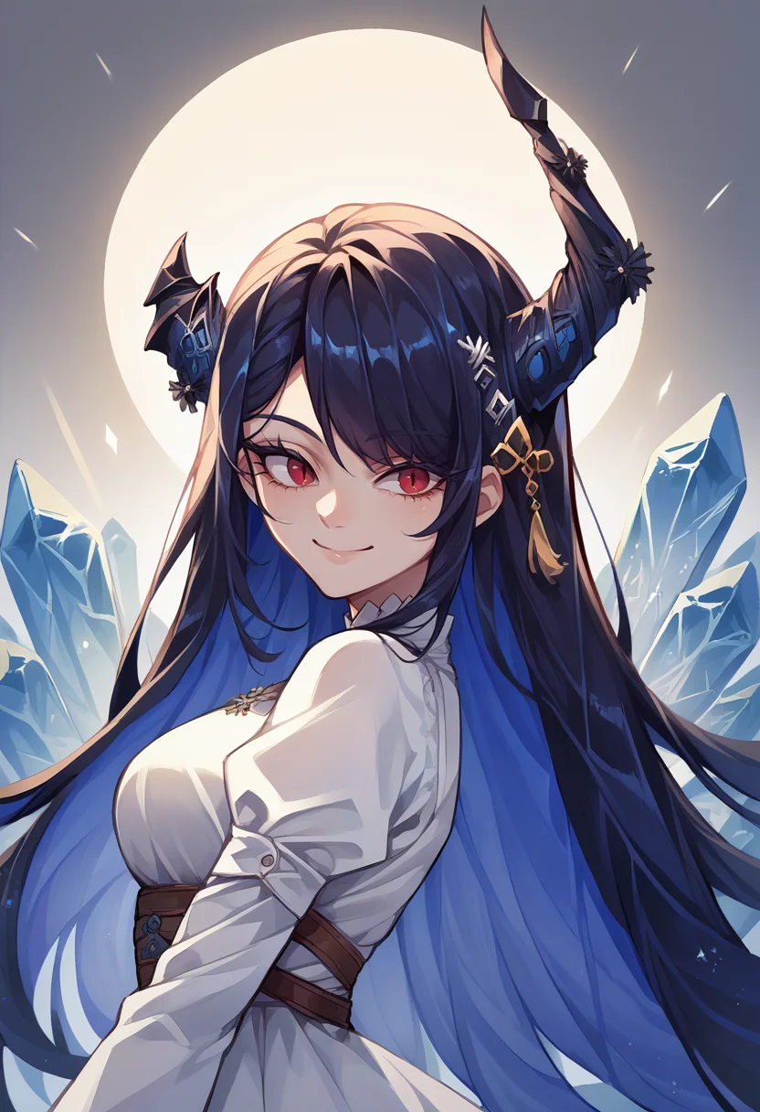 score_9, score_8_up, score_7_up, source_anime, 1girl, solo, NerissaRavencroft, colored inner hair, black hair, blue hair, red eyes, slit pupils, uneven horns, long hair, incrsxlcrystalhair, crystal hair, shiny hair, white dress, smile, <lora:ChamNerissaRavencroftPonyXLCame-000008:1>, <lora:CrystalHair_XLPD:1>