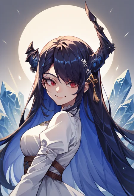 score_9, score_8_up, score_7_up, source_anime, 1girl, solo, NerissaRavencroft, colored inner hair, black hair, blue hair, red eyes, slit pupils, uneven horns, long hair, incrsxlcrystalhair, crystal hair, shiny hair, white dress, smile, <lora:ChamNerissaRavencroftPonyXLCame-000008:1>, <lora:CrystalHair_XLPD:1>