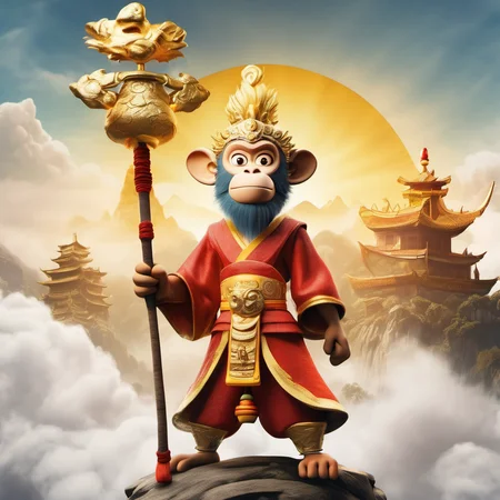 Aardman Animations Style,Journey to the West,Monkey King,Sun Wukong,(holding golden cudgel:1.3),standing,Palace in the Clouds, <lora:Aardman Animations Style:1>